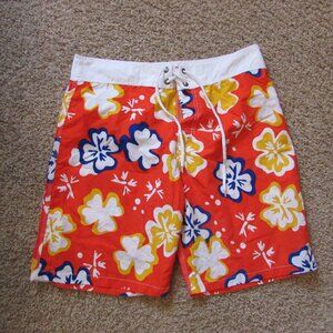 NWOT Brent’s Surfwear Board Shorts Medium Orange Hawaiian Floral Mesh Liner